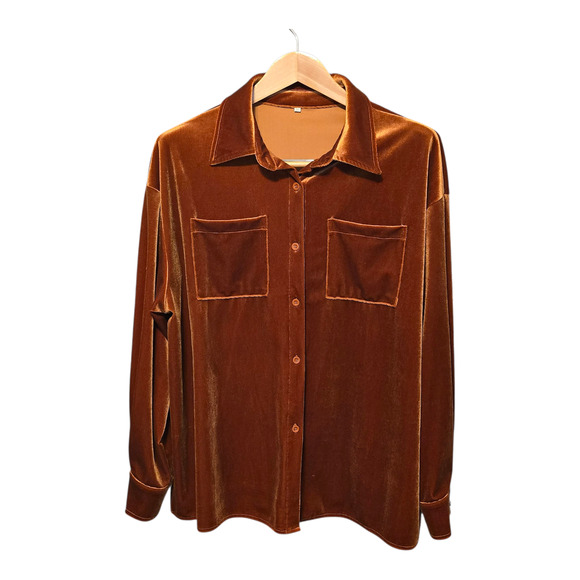 Unbranded Tops - Retro Womens Burnt Orange Velvet Button Up Shirt Size 2XL Long Sleeve Grunge